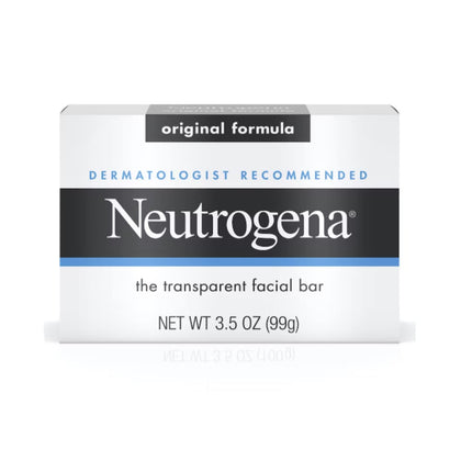 Neutrogena bar front packaging showing clear gentle cleanser, great for everyday use