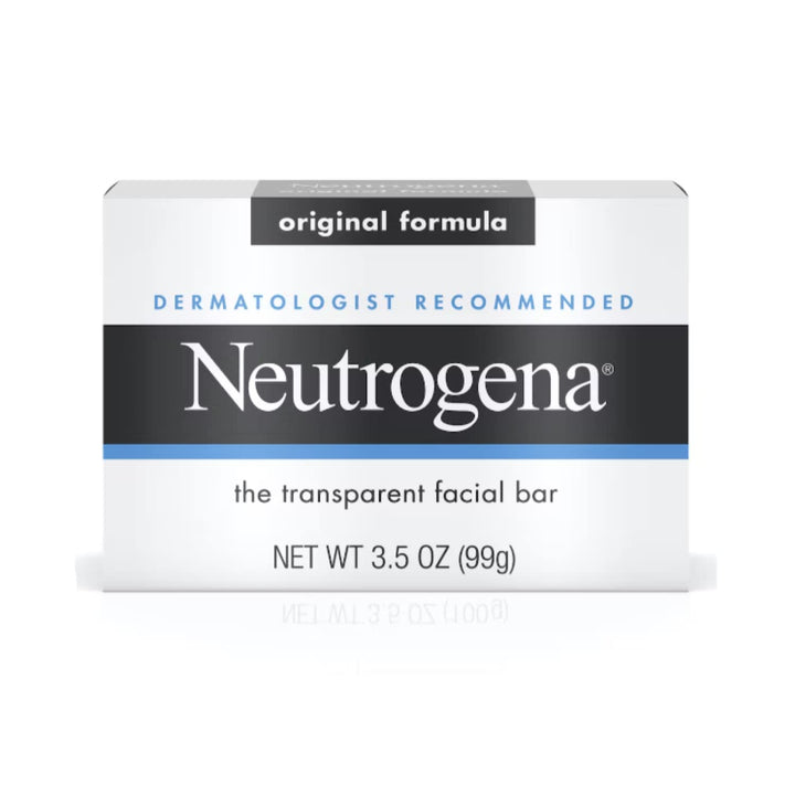 Neutrogena bar front packaging showing clear gentle cleanser, great for everyday use