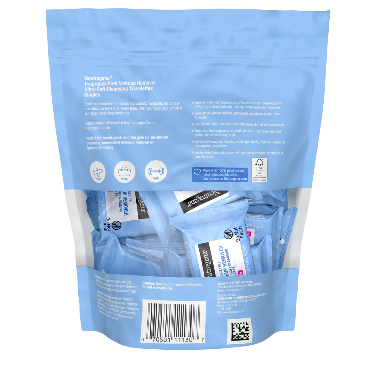Neutrogena wipes staged in travel bag showing on-the-go convenience and quick refresh