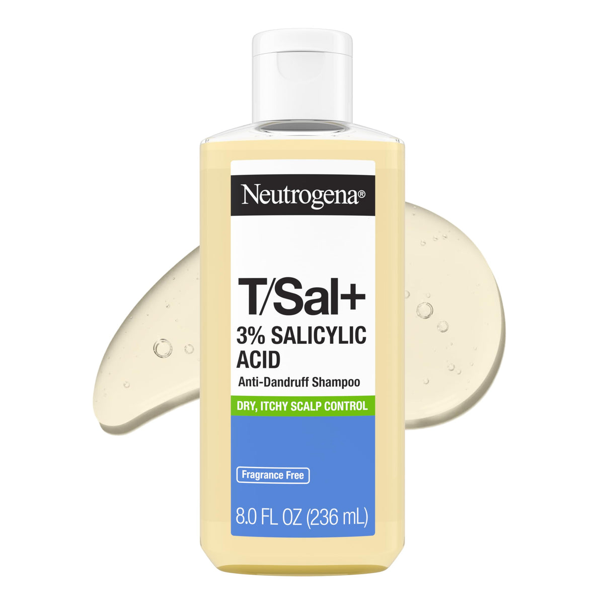 Neutrogena T/Sal+ front packaging showing bottle and label promoting flake control