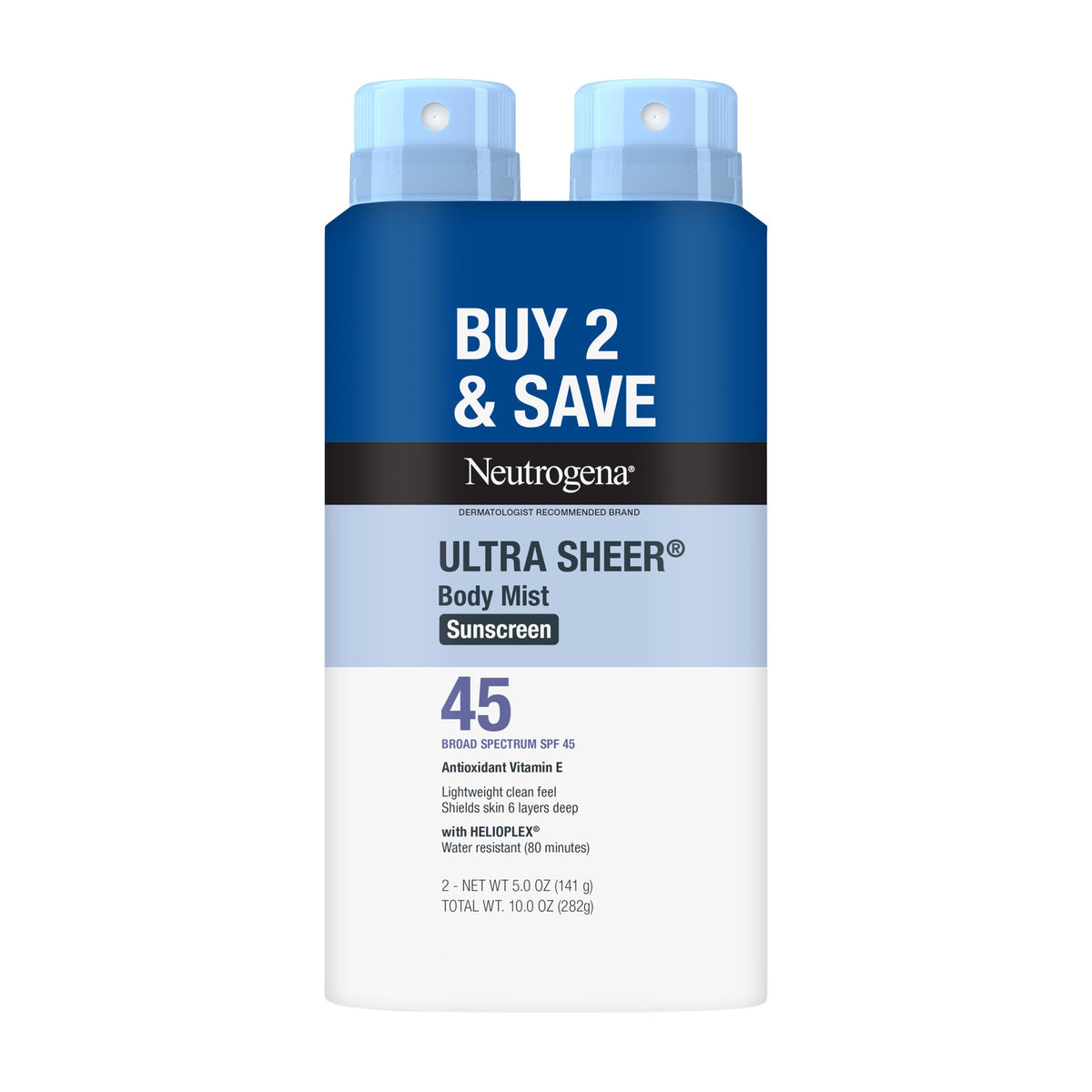 Neutrogena bottle front packaging showing SPF 45 protection and benefits