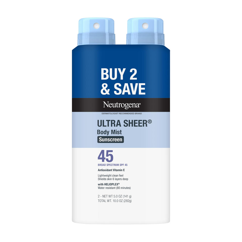 Neutrogena bottle front packaging showing SPF 45 protection and benefits