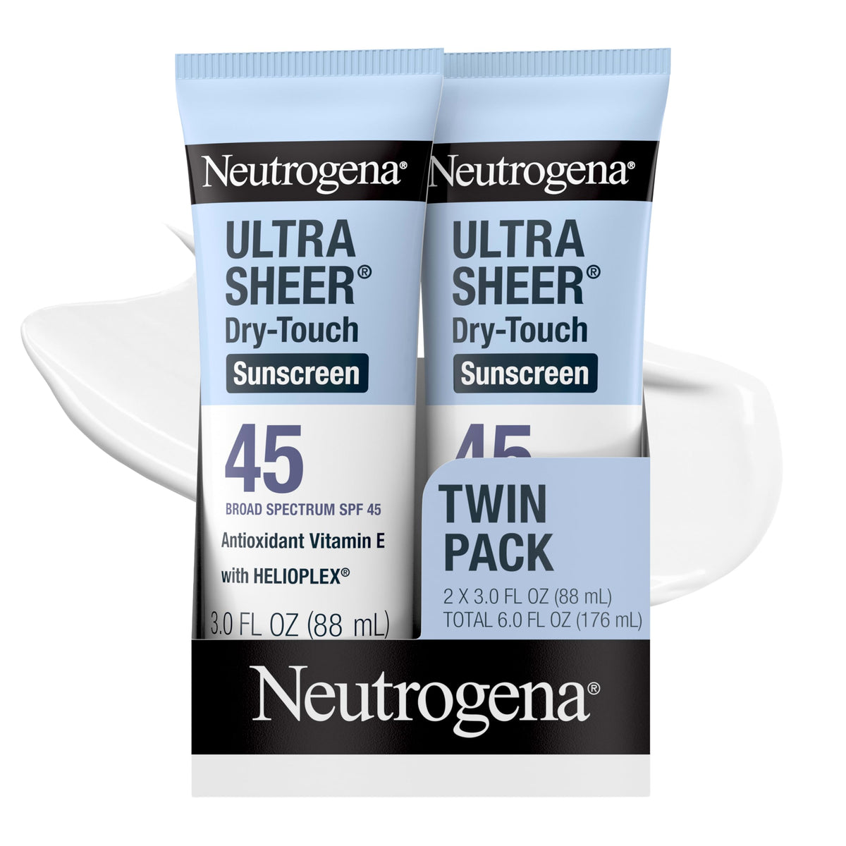 Neutrogena front packaging twin pack showing SPF 45 protection and travel convenience
