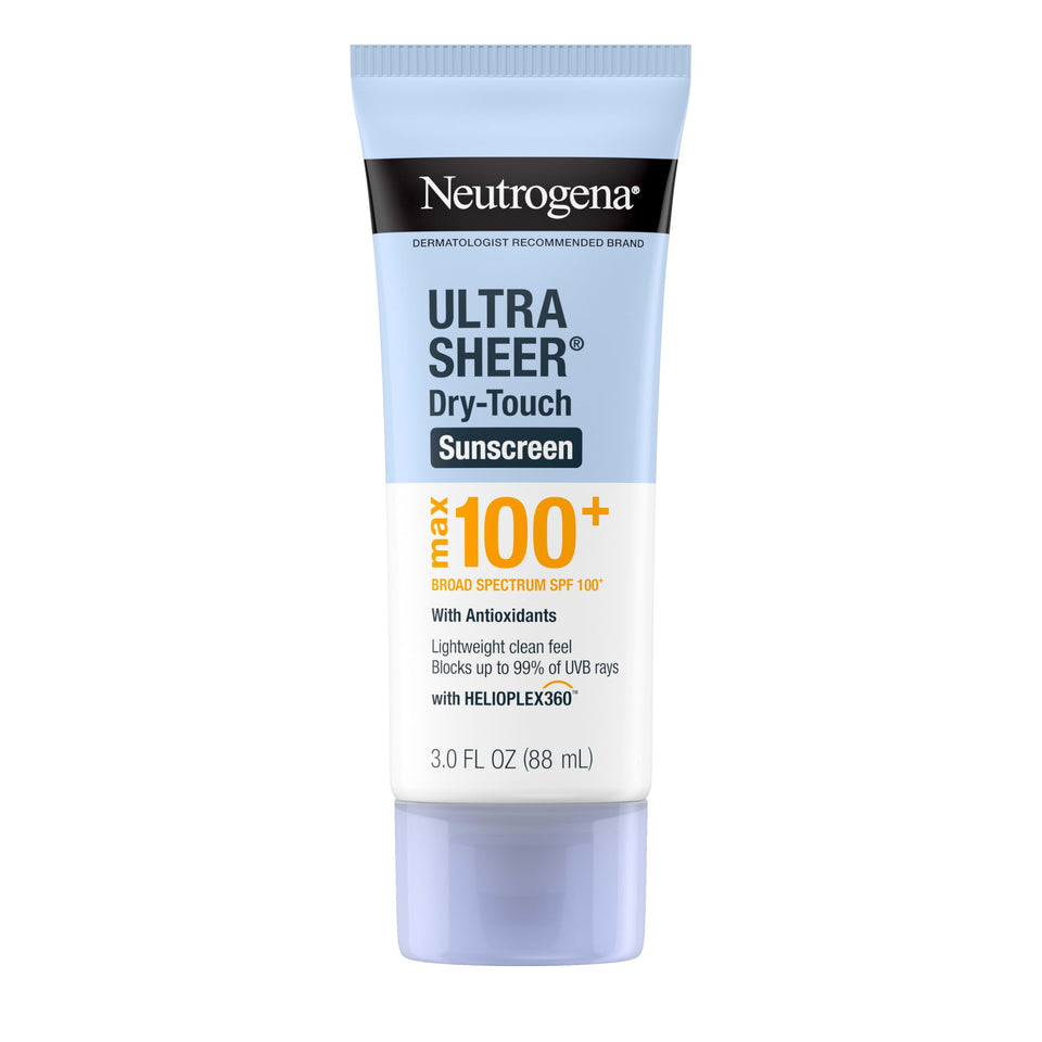 Neutrogena front packaging of SPF 100+ travel sunscreen shows compact protection