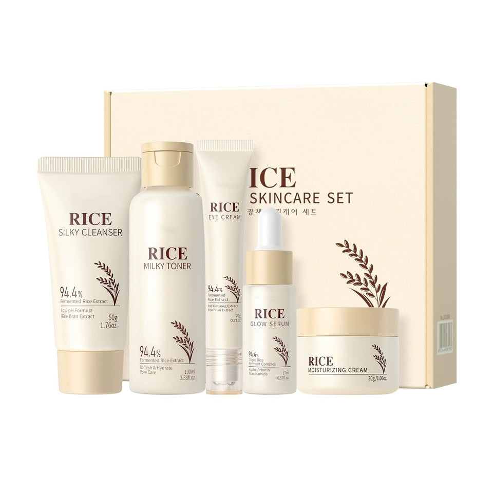 New Cover front packaging showing the full rice skincare set and convenient travel sizes