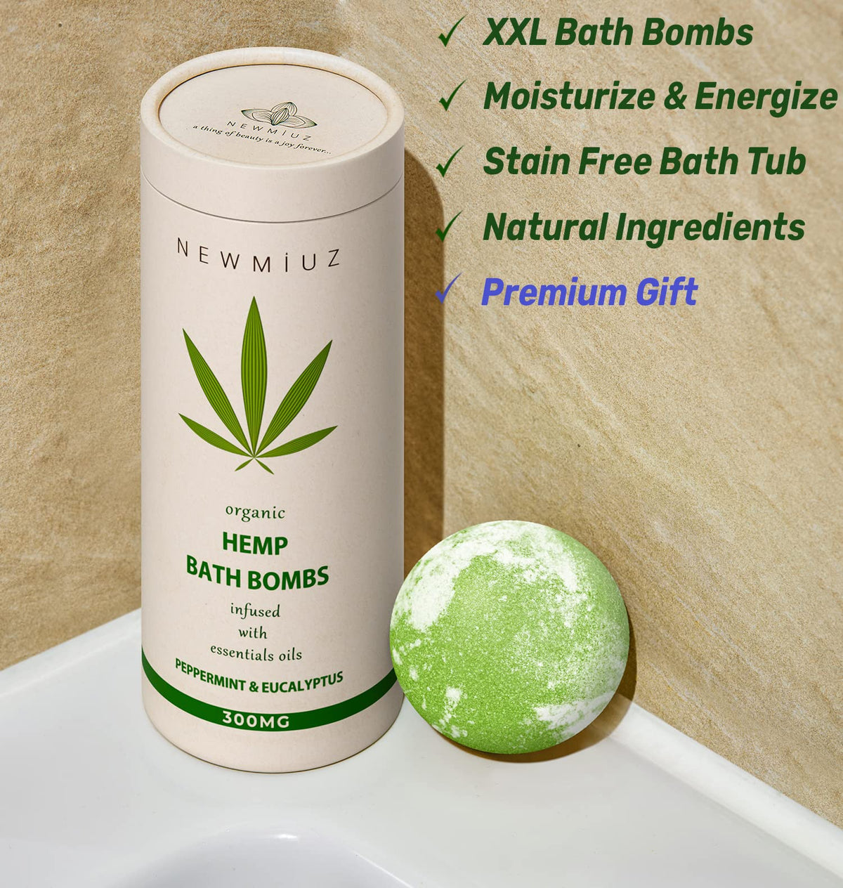 New Miuz bath bomb placed on towel indicating gentle skin-conditioning benefit