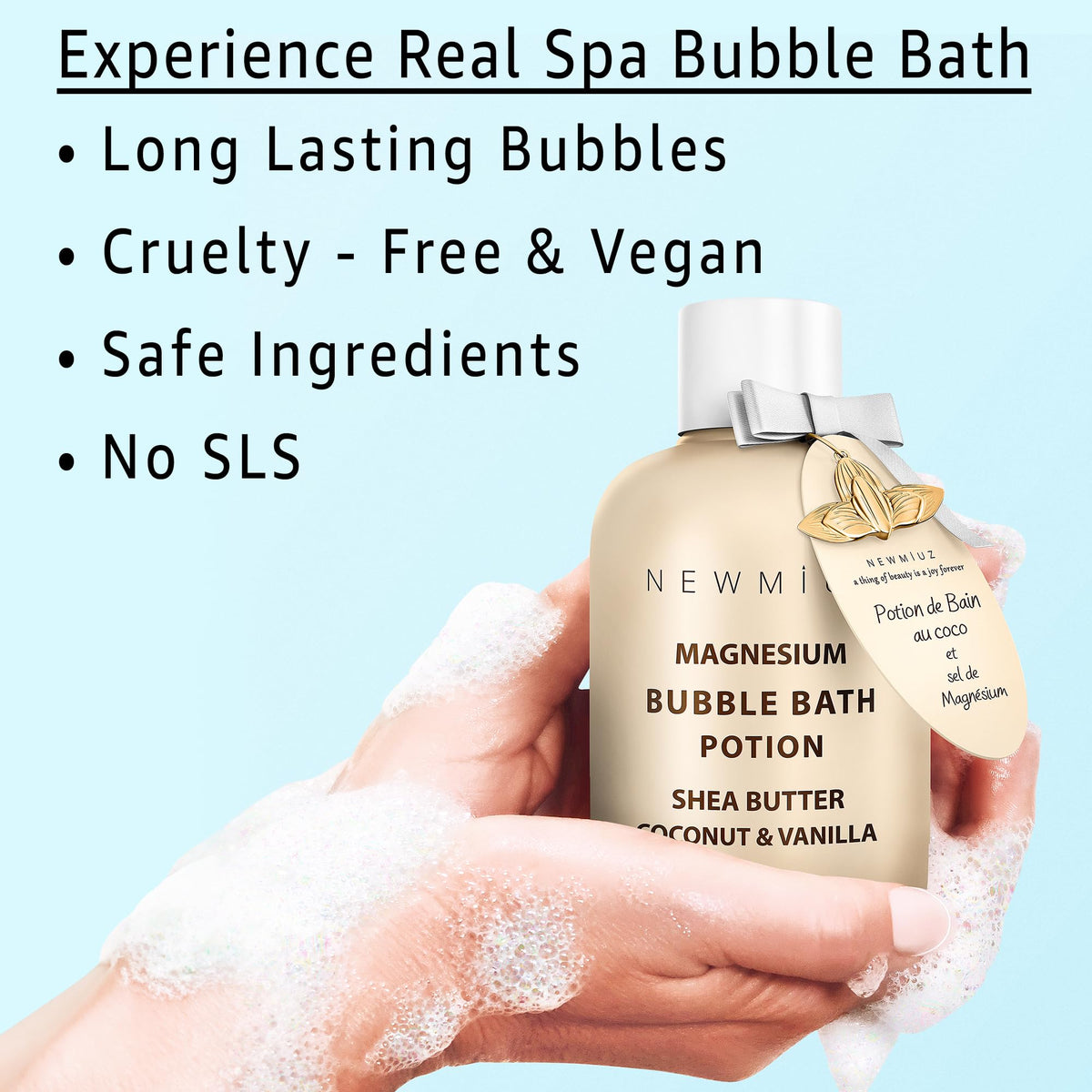 New Miuz dense bubbles filling a bathtub, helping create a relaxing home spa environment