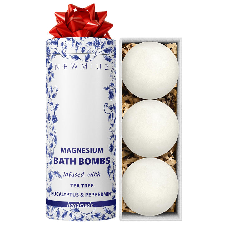 New Miuz front packaging showing three spa bath bombs and calm presentation