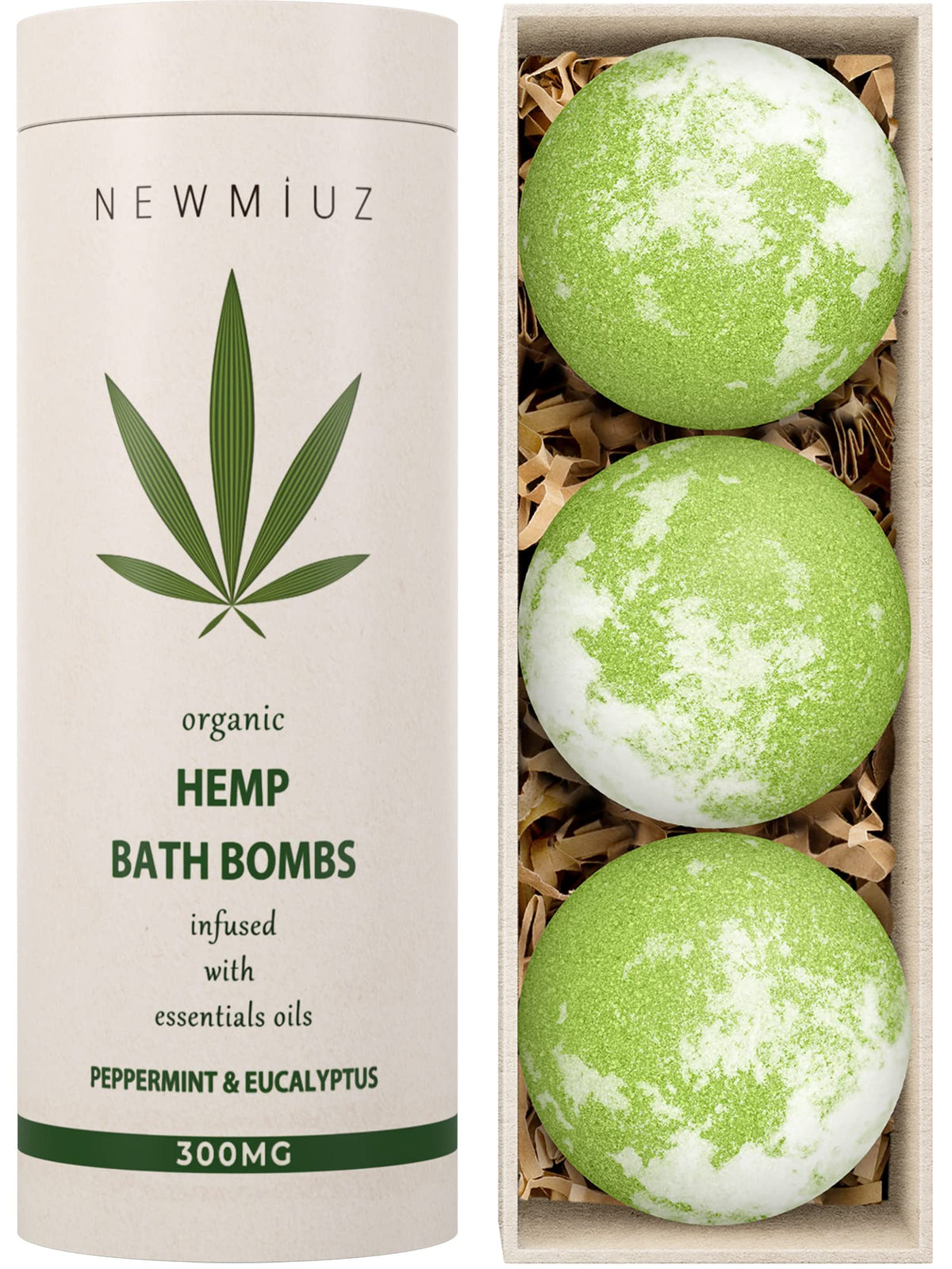 New Miuz front packaging showing three hemp bath bombs and gift-ready presentation