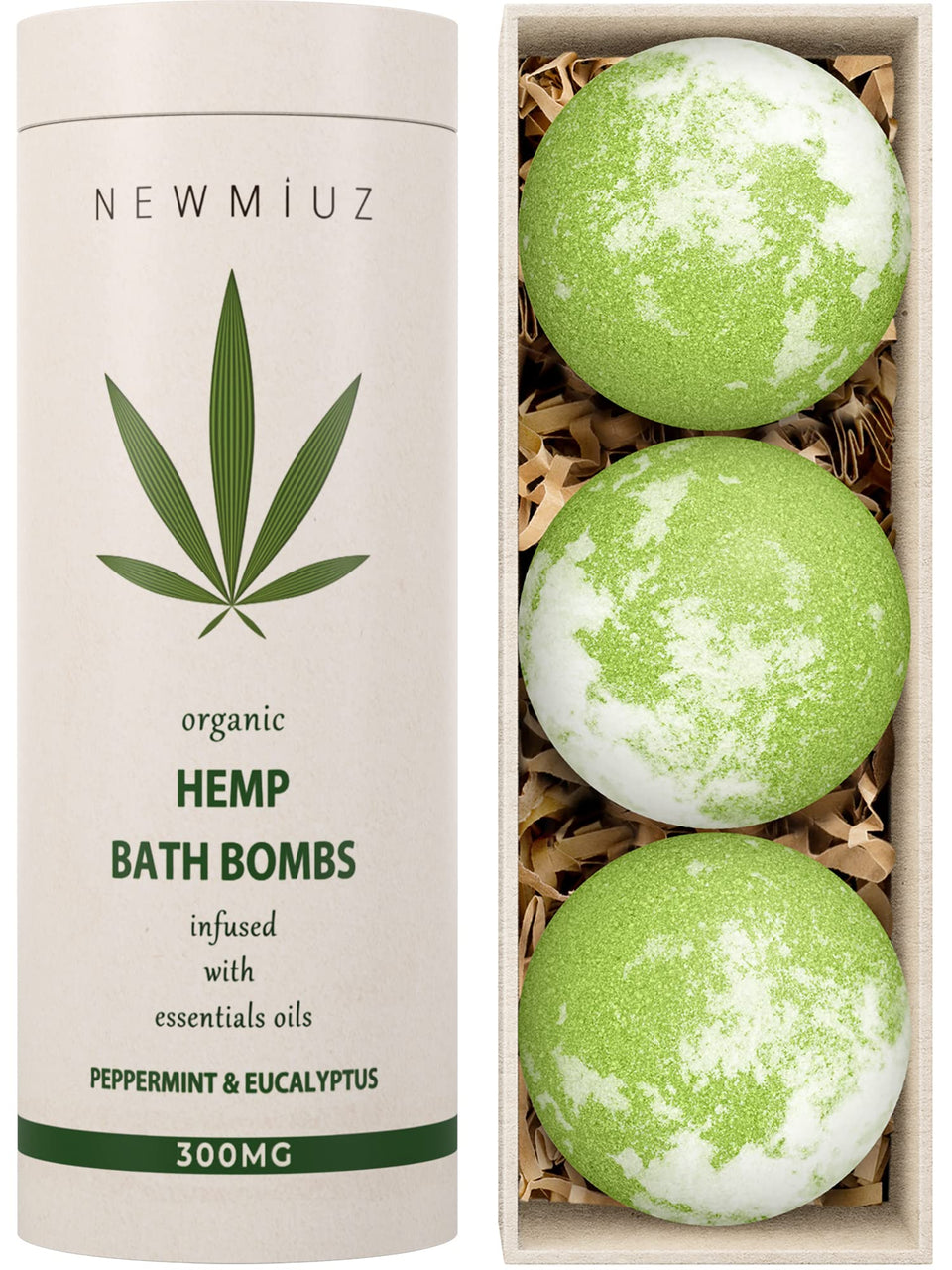 New Miuz front packaging showing three hemp bath bombs and gift-ready presentation