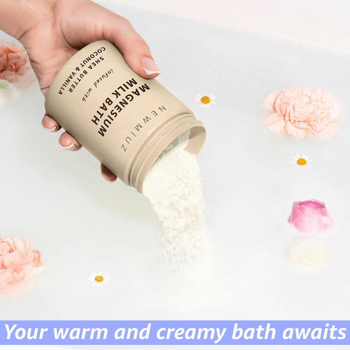 New Miuz milky bath in tub illustrating relaxing soak and hydrating finish