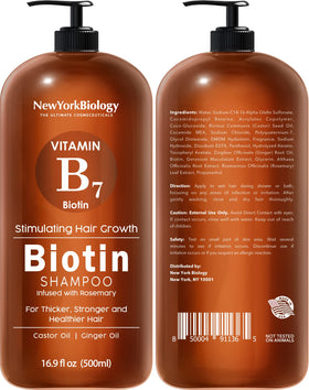 NEW YORK BIOLOGY close-up label highlighting biotin and ingredient clarity benefit