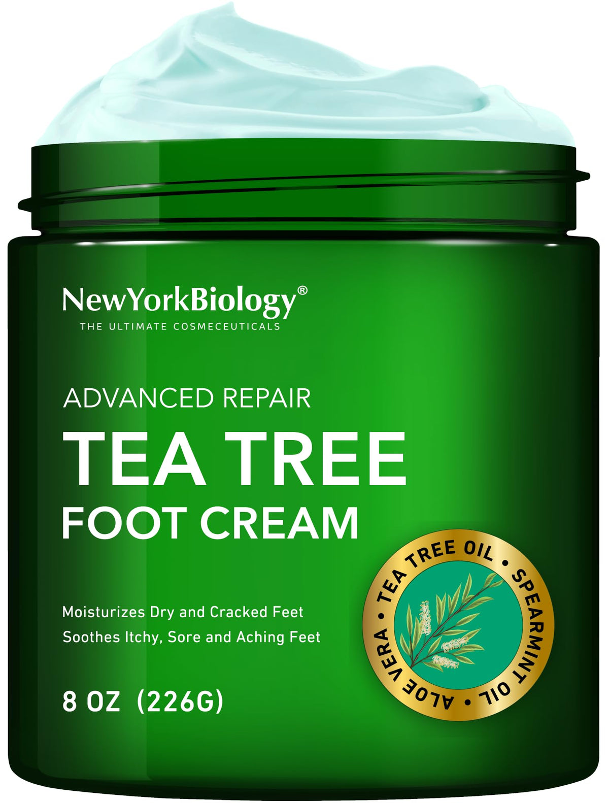 New York Biology foot cream front view showing 8 oz bottle and benefits