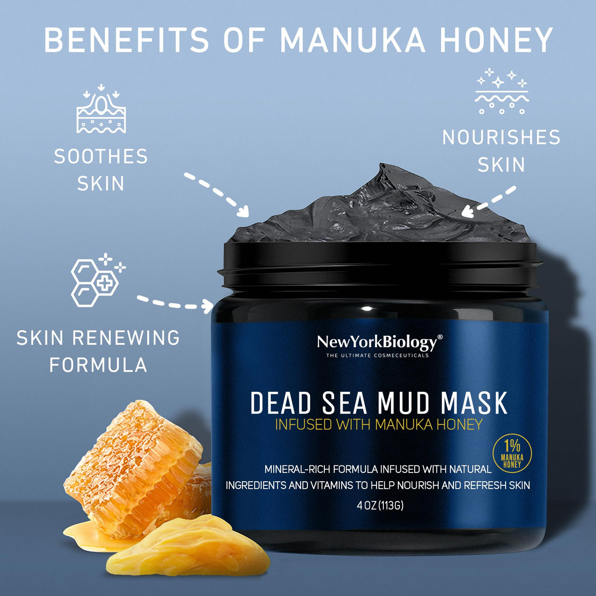 New York Biology mask with Manuka honey jar and honey dipper showcasing soothing ingredient