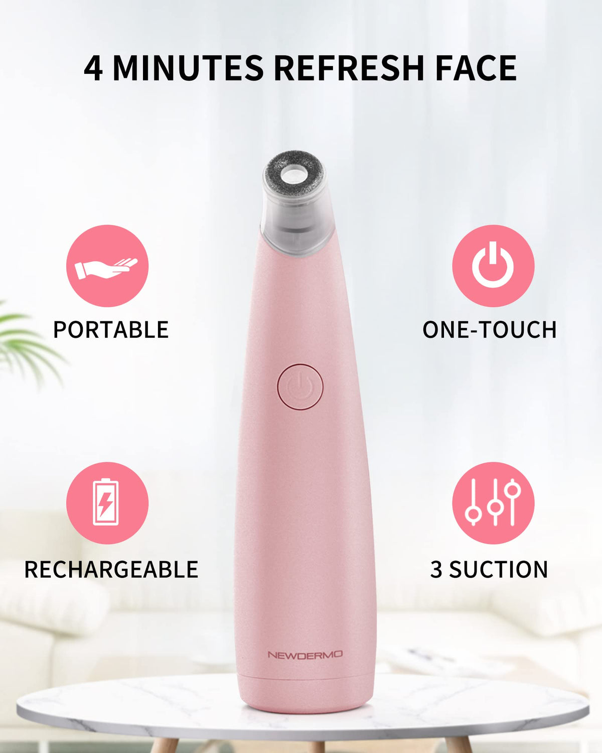 NEWDERMO machine in use on cheek demonstrating gentle suction and smoother skin benefit