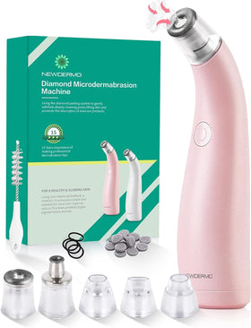 NEWDERMO front view of pink microdermabrasion device showing controls and port, convenient design benefit