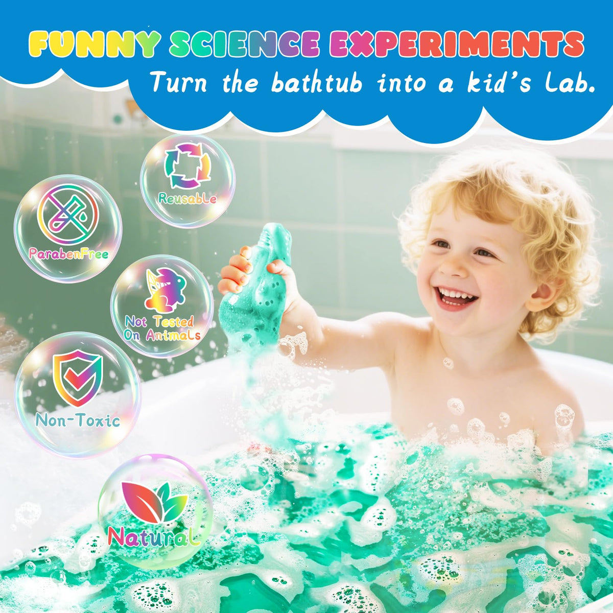NEWFEIFAN bath bomb fizzing in tub water producing foam and color benefit: engaging visual reaction