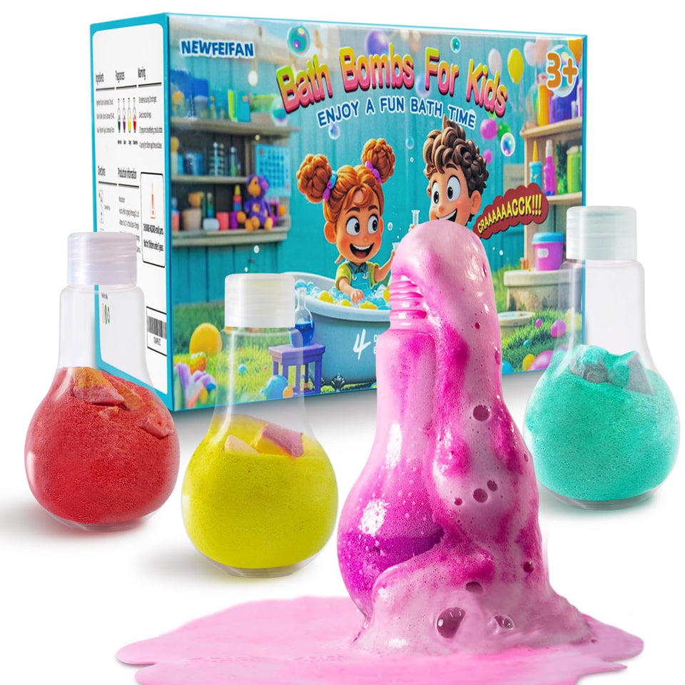 NEWFEIFAN front packaging showing four colorful bath bombs and gift-ready box benefit: instant visual appeal