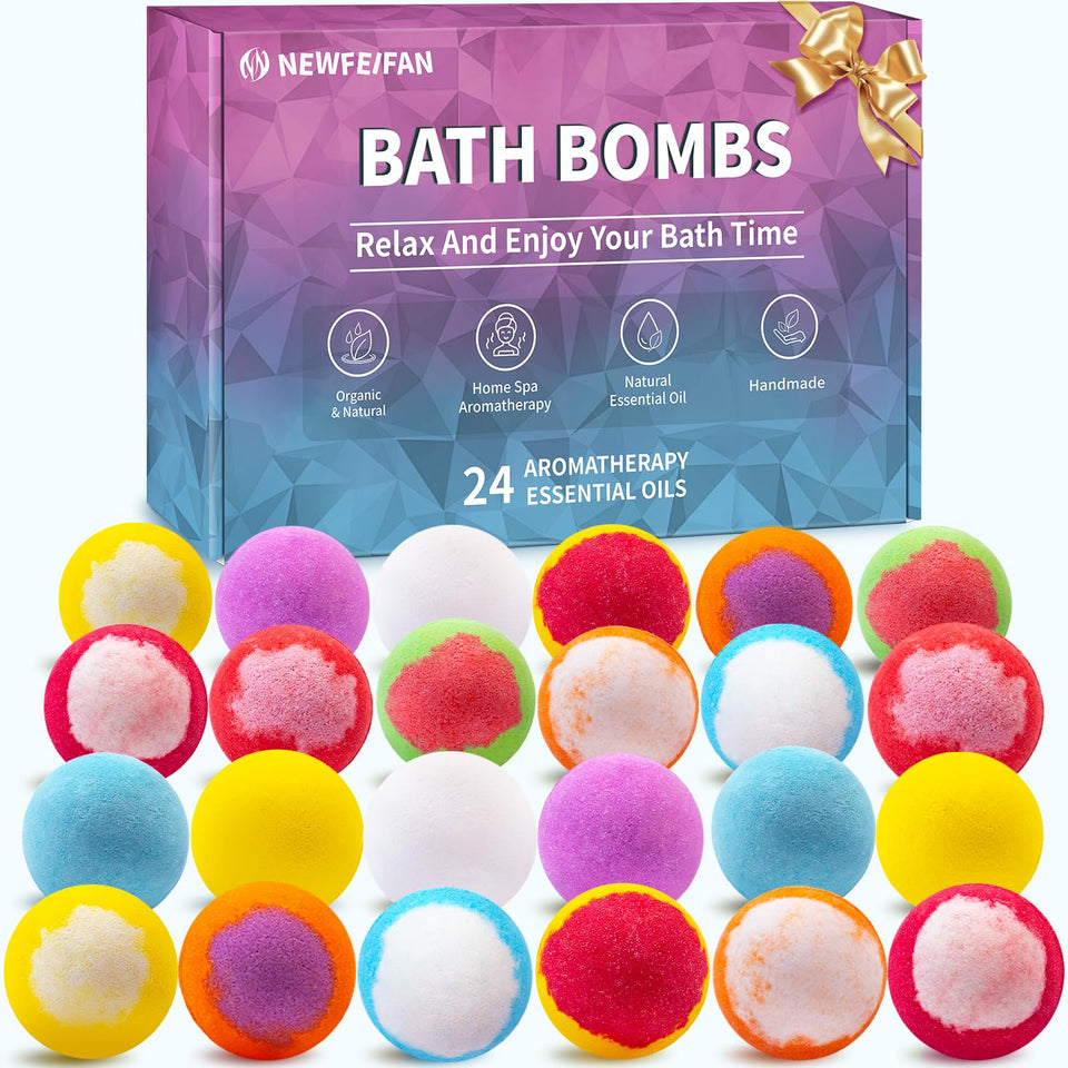 NEWFEIFAN front packaging showing 24-bath-bomb gift set and presentation