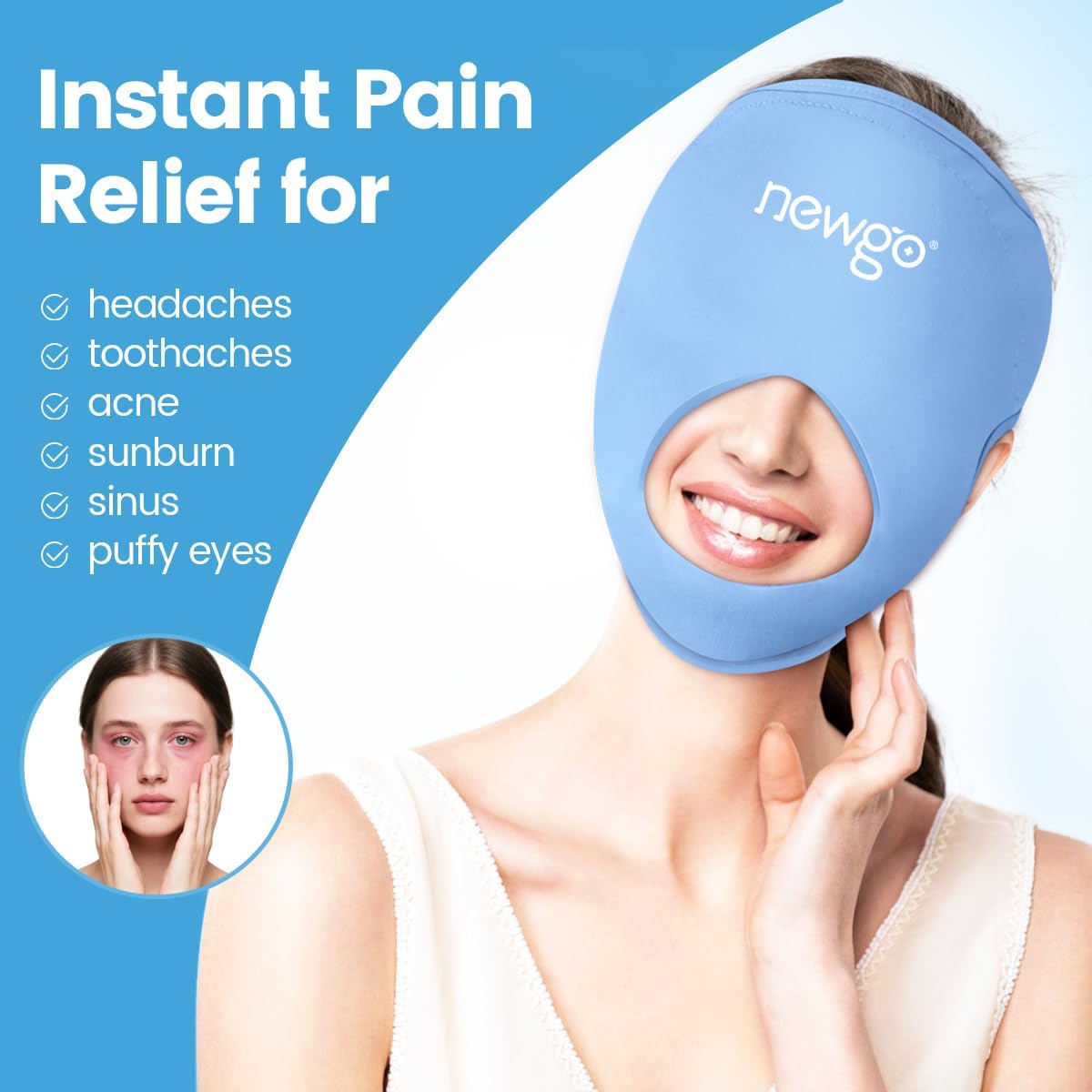 NEWGO close-up of thick forehead and eye gel pads for deeper cooling