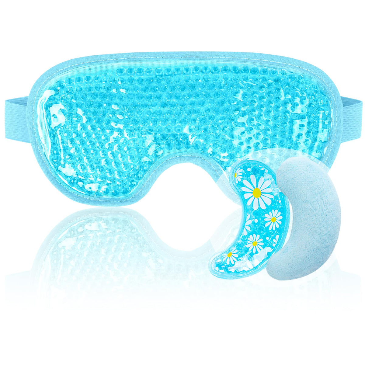 NEWGO front view showing blue eye mask and pouch, fast relief on-the-go