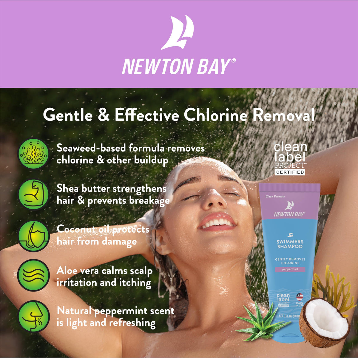 Newton Bay back label listing clean ingredients and certification