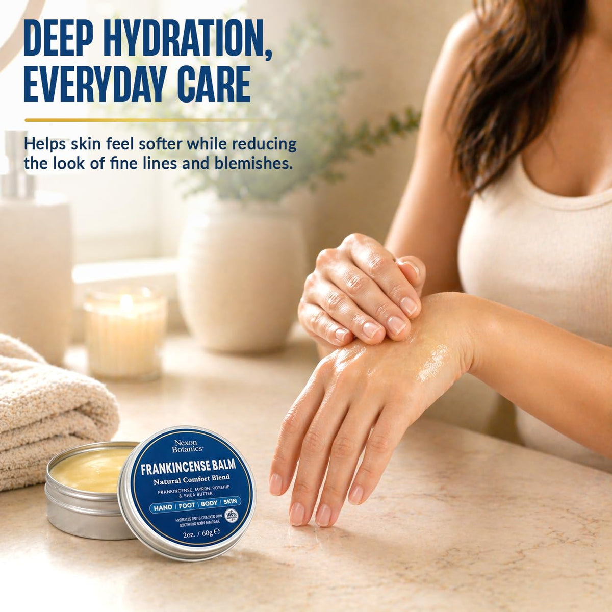 Nexon Botanics applied to hands demonstrating quick absorption and softening