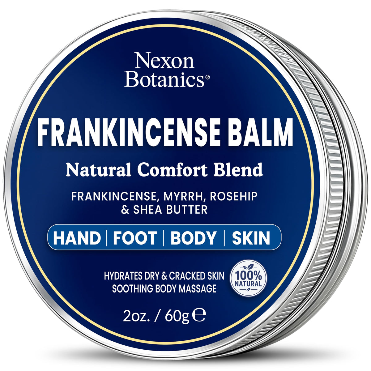 Nexon Botanics jar front view showing frankincense balm and clear branding benefits