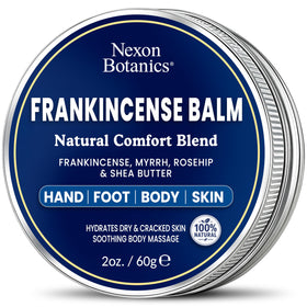 Nexon Botanics jar front view showing frankincense balm and clear branding benefits
