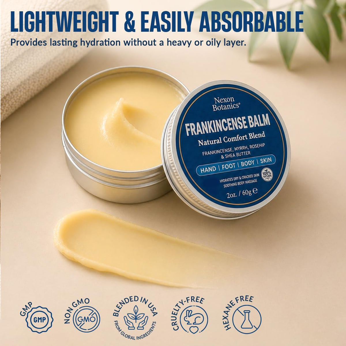 Nexon Botanics balm in travel pouch illustrating portability and convenience