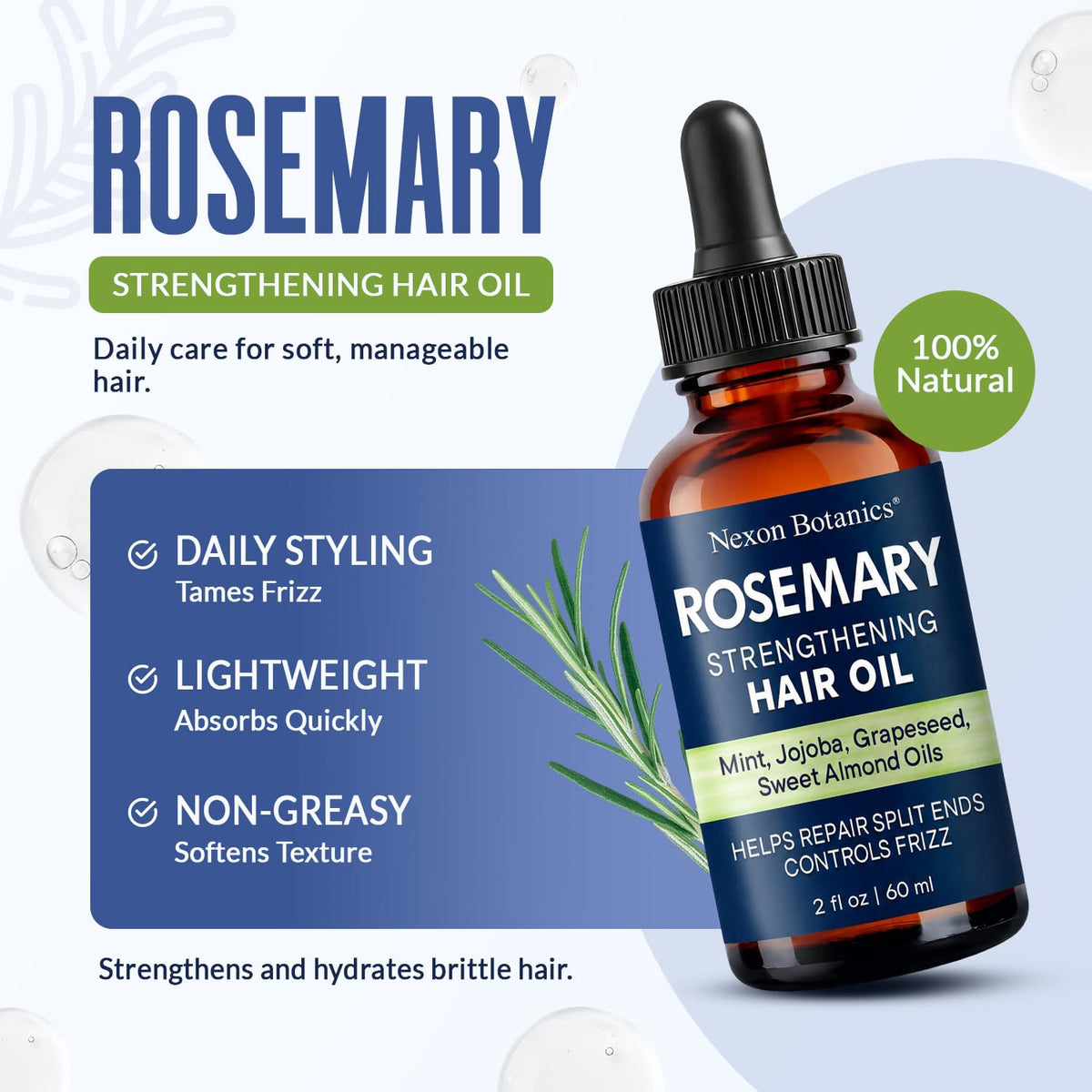 Nexon Botanics ingredient flatlay with rosemary, jojoba, and almond for natural nourishment