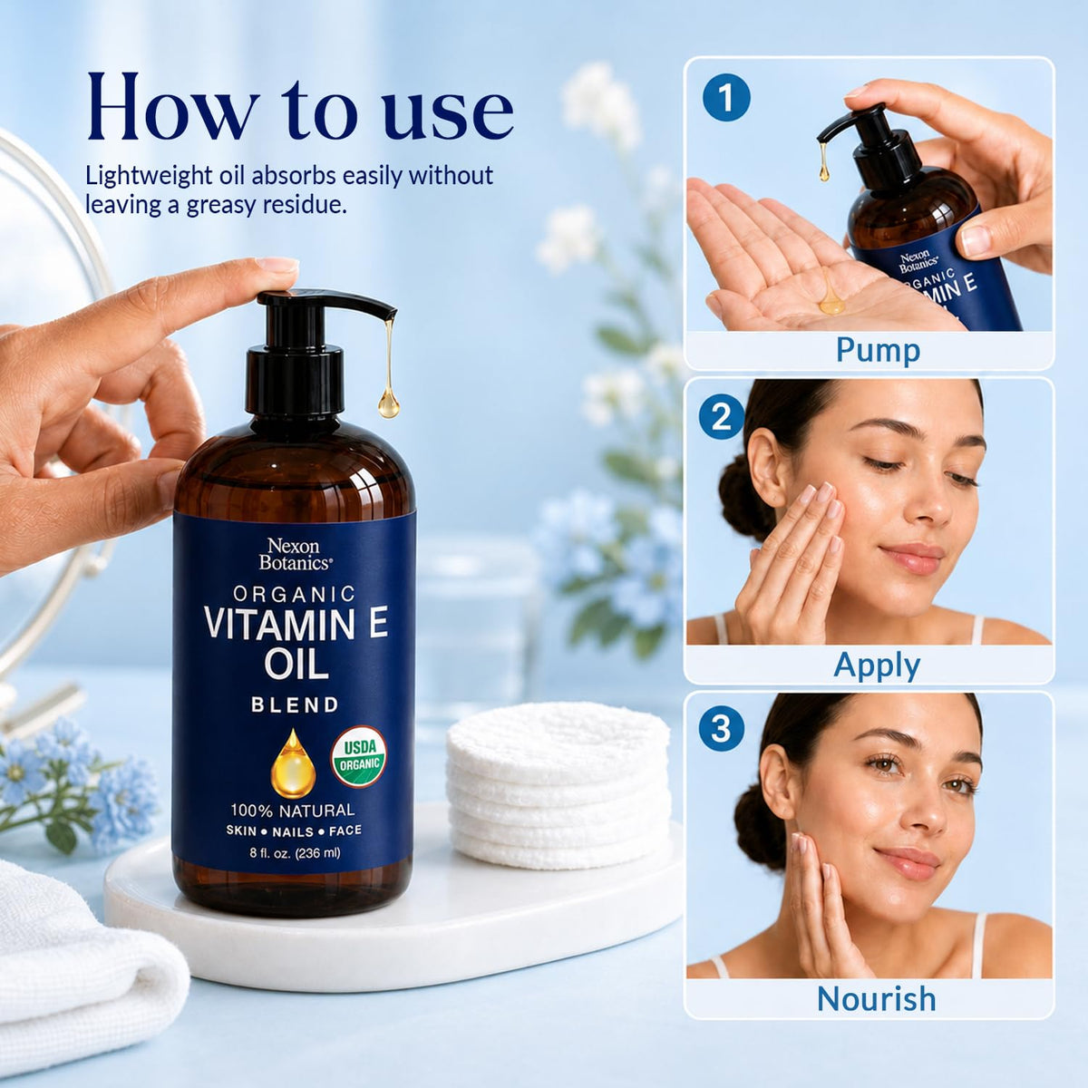 Nexon Botanics bottle beside measuring tape showing true 8 fl oz size benefit