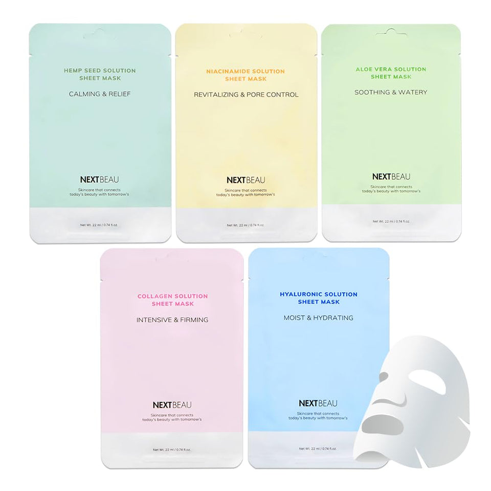 NEXTBEAU front pack showing five mask types and quantity, convenient variety