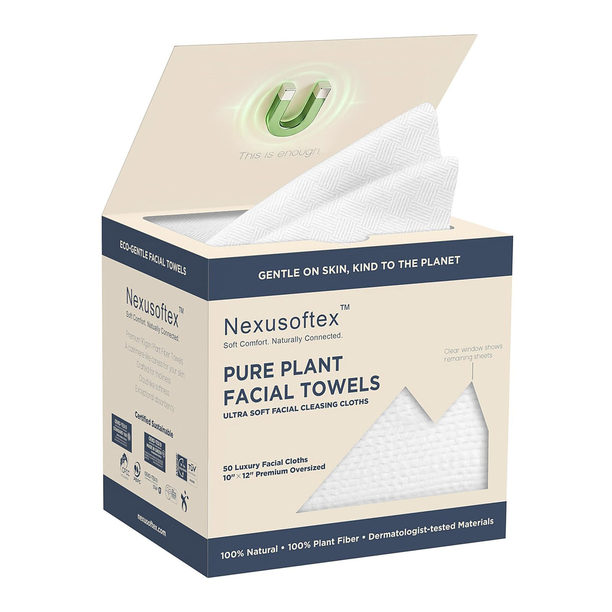 Nexusoftex front packaging showing magnetic box and window, convenient storage benefit
