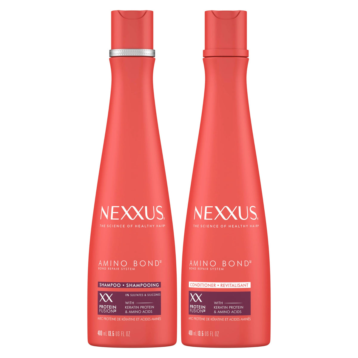 Nexxus Amino Bond front packaging showing bottle pair for easy identification and repair benefits