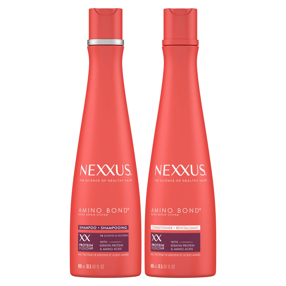 Nexxus Amino Bond front packaging showing bottle pair for easy identification and repair benefits