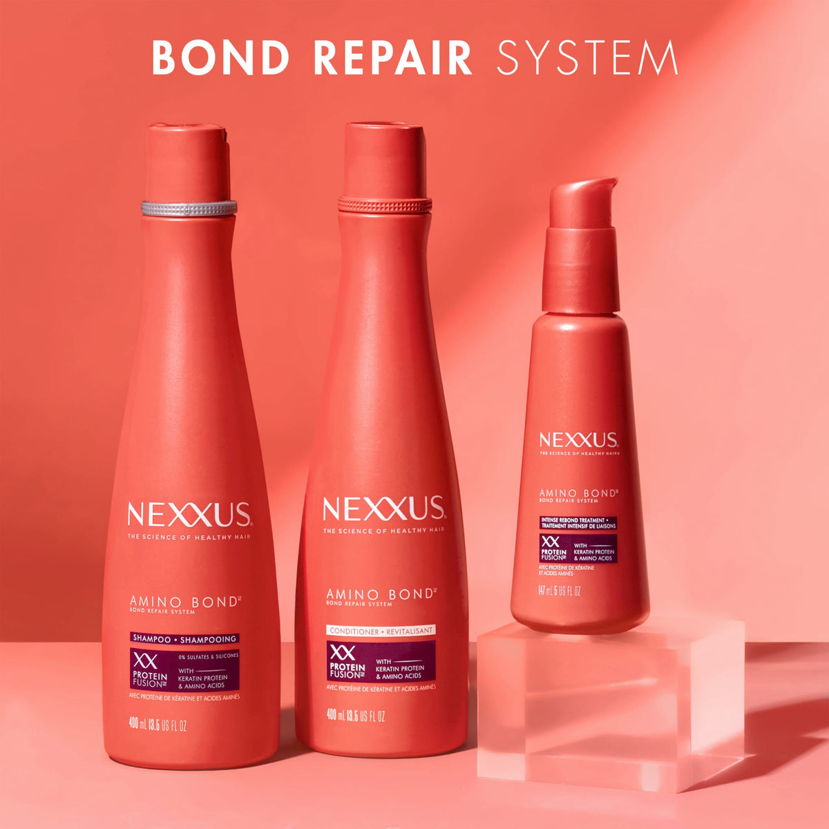 Nexxus bottle beside repair conditioning mask for a complete routine