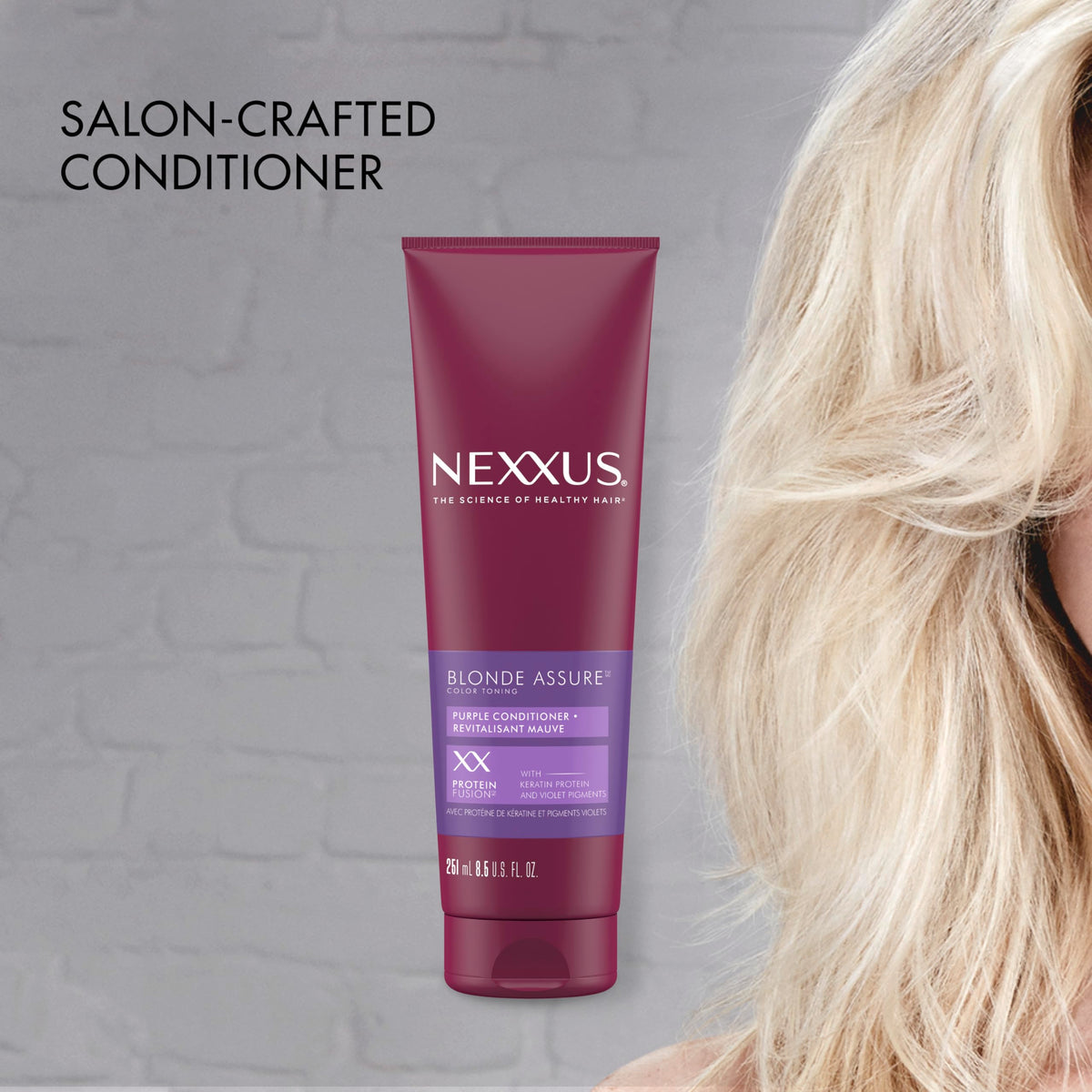 Close-up of Nexxus bottle label showing keratin and H4 Complex