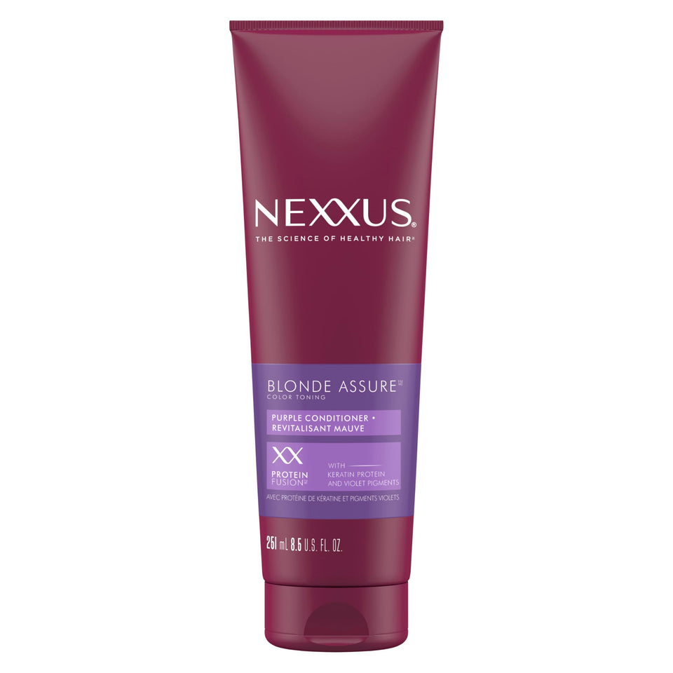 Nexxus front packaging showing purple conditioner and benefits