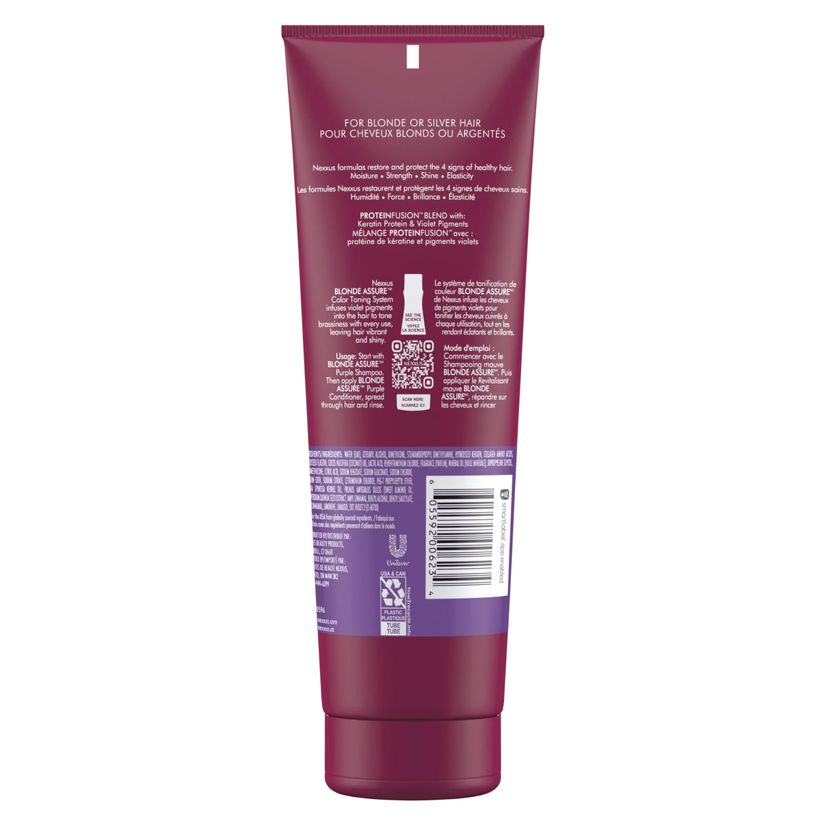 Nexxus creamy purple conditioner texture highlighting toning pigments
