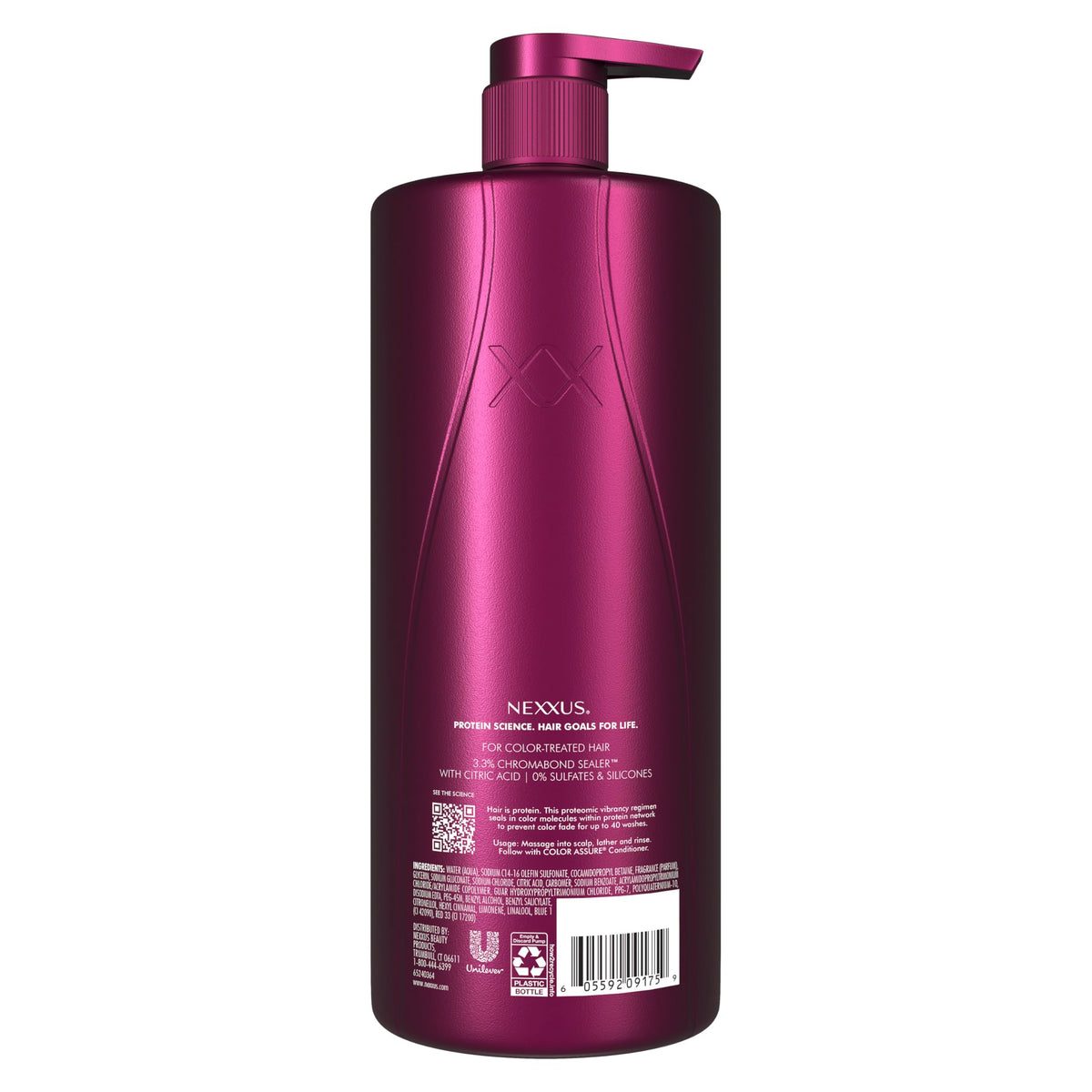 Nexxus back label close-up showing ingredients and usage benefit