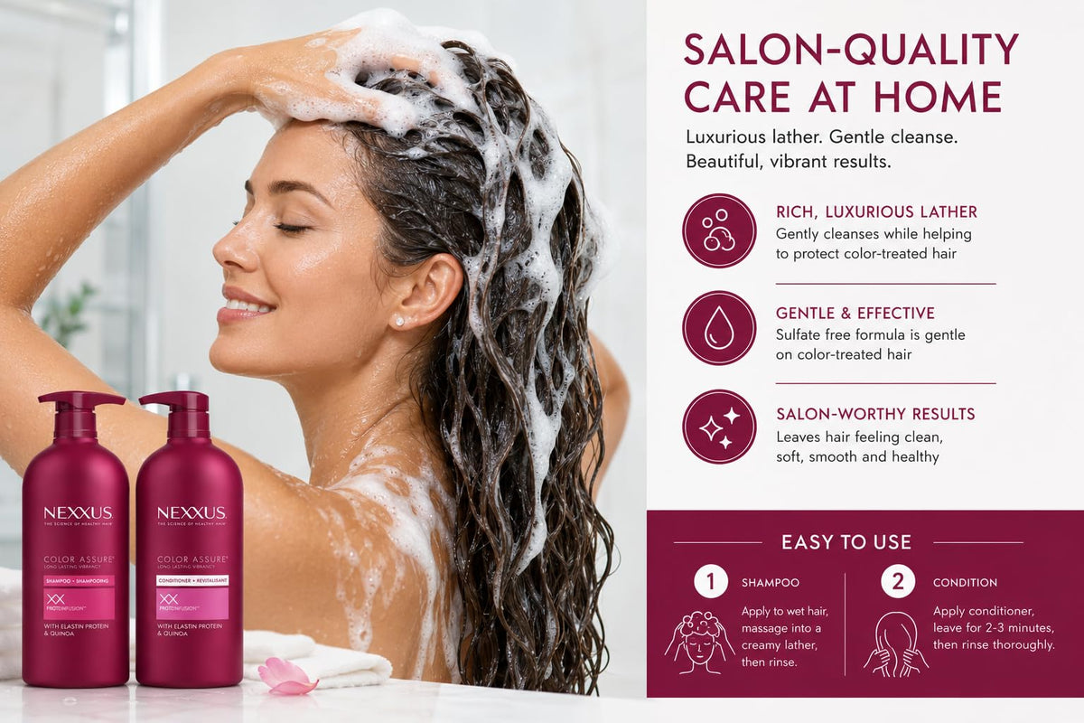 Nexxus shampoo and conditioner duo staged in bathroom promoting salon quality