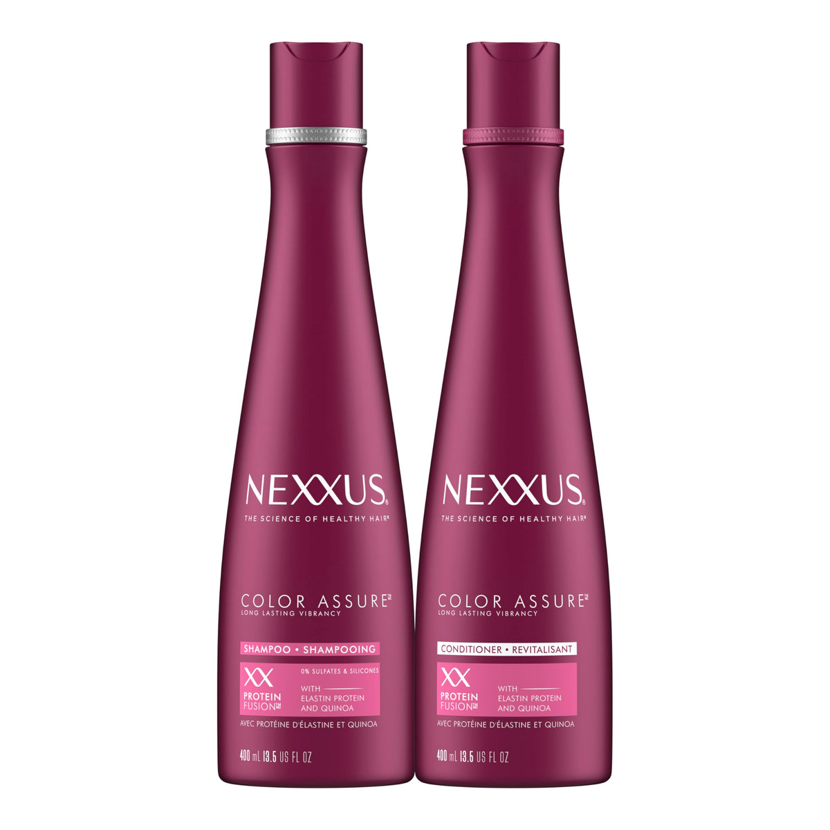 Nexxus front packaging showing two bottles and clear product identity benefits
