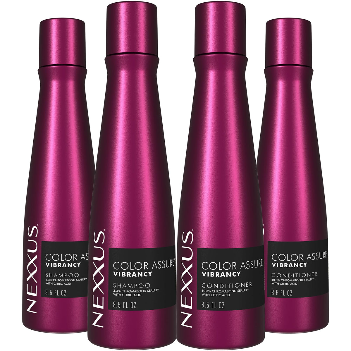Nexxus front packaging showing 2 shampoo and 2 conditioner bottles protects color