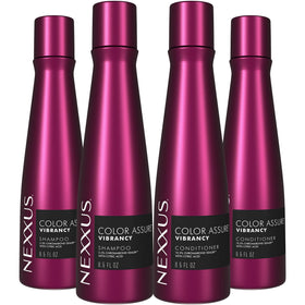 Nexxus front packaging showing 2 shampoo and 2 conditioner bottles protects color