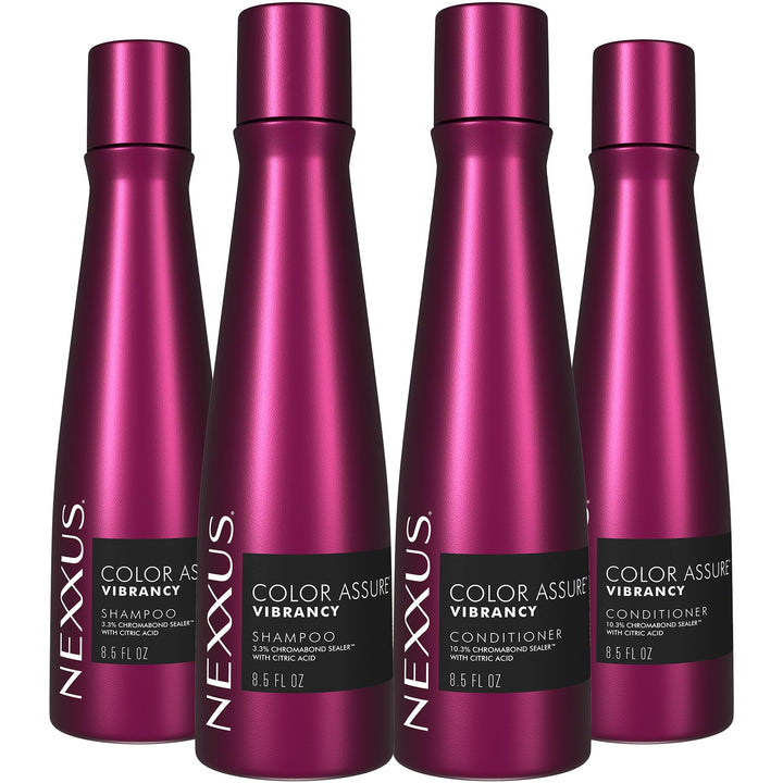 Nexxus front packaging showing 2 shampoo and 2 conditioner bottles protects color