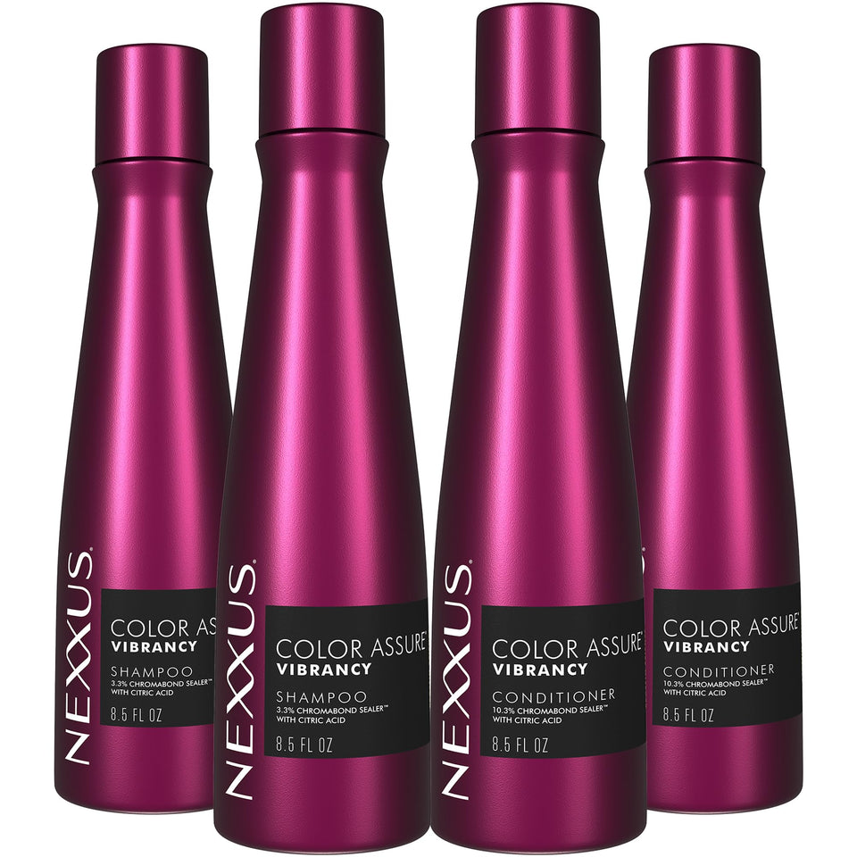 Nexxus front packaging showing 2 shampoo and 2 conditioner bottles protects color