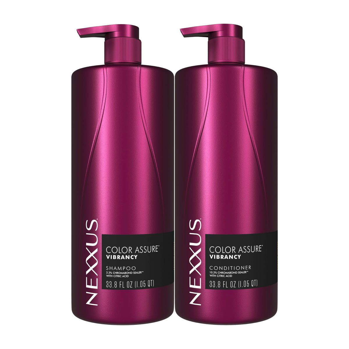 Nexxus front packaging showing twin bottles and color protection benefit