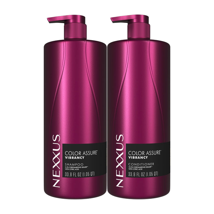 Nexxus front packaging showing twin bottles and color protection benefit