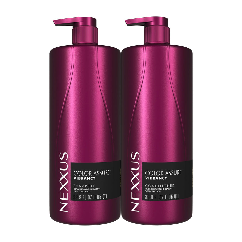 Nexxus front packaging showing twin bottles and color protection benefit